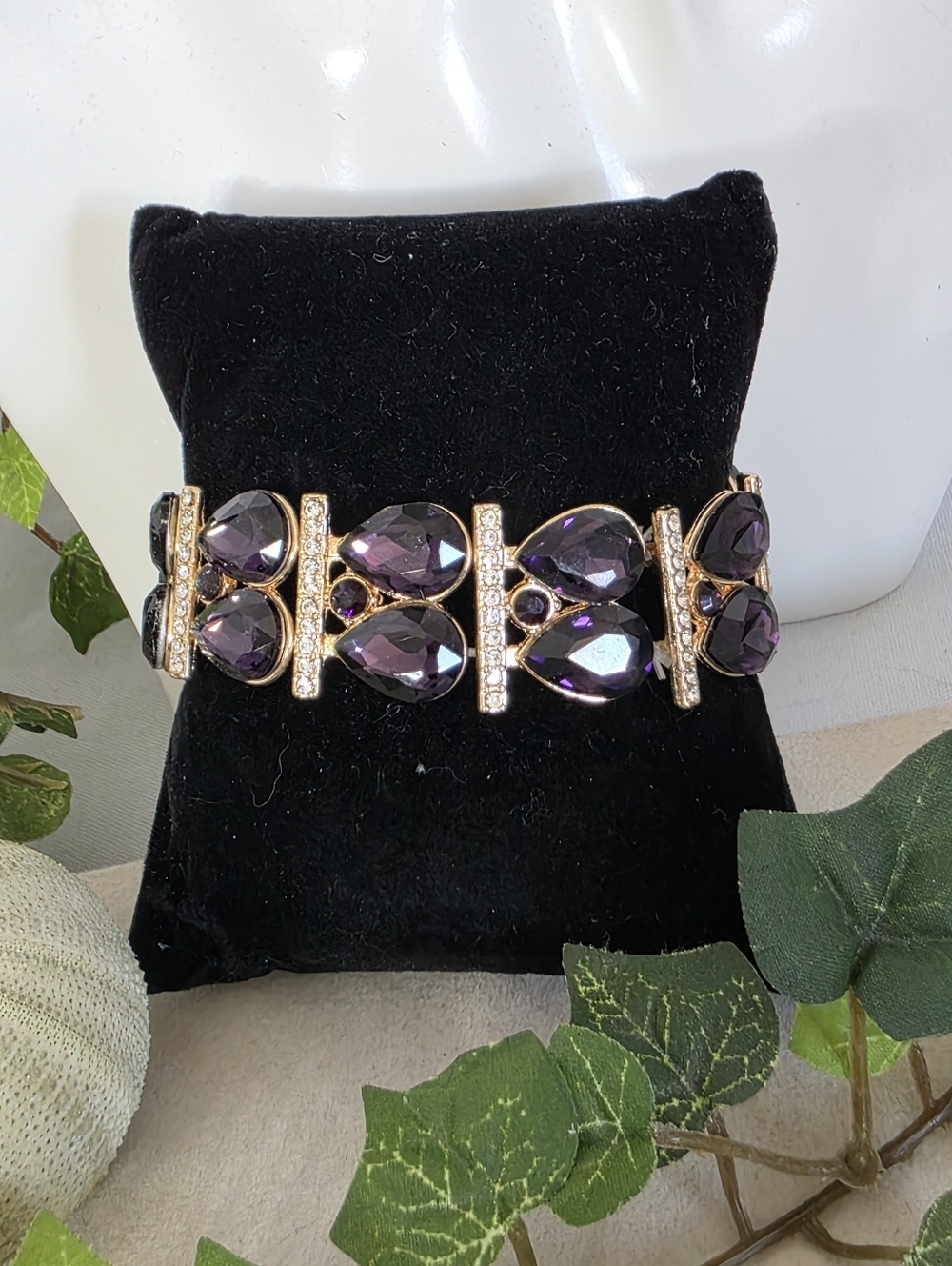 Statement Gold with Purple Teardrop Crystal Stones Stretch To Fit